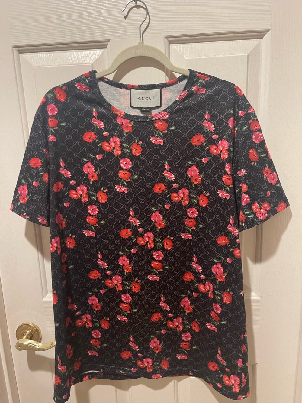 Black Tee with Red Floral Logo Print